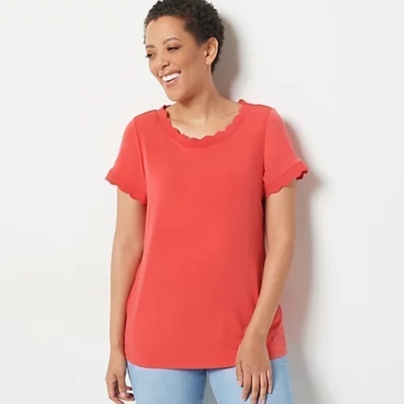 Nwot Susan Graver Liquid Knit Scalloped Trim Coral Top Tee T-Shirt Medium M - Picture 8 of 11